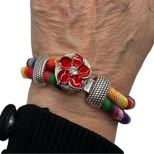 Southwestern Multicolor Cord Snap Jewelry Loop Bracelet & Red Floral 18mm Snap!
